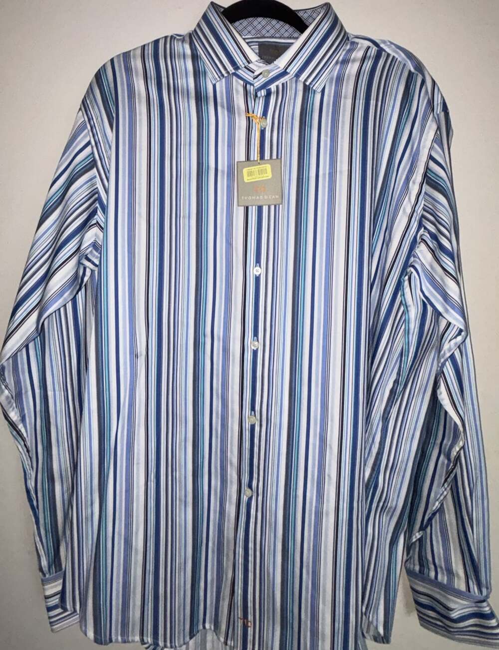 Thomas Dean Men's Blue White Stripe 100% Pima Cotton Long Sleeve Dress Shirt XL